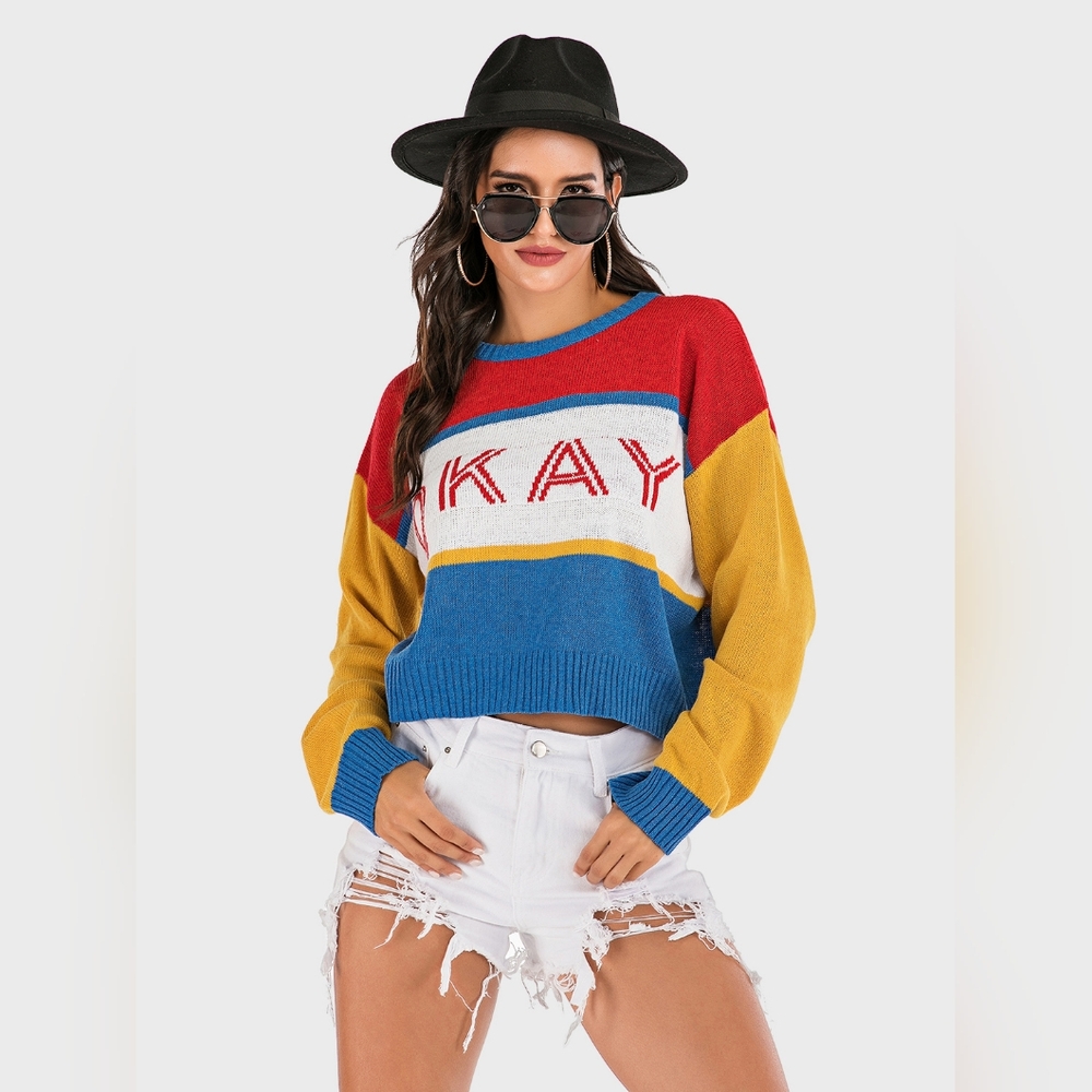 Perfee OKAY Contrast Dropped Shoulder Long Sleeve Sweater